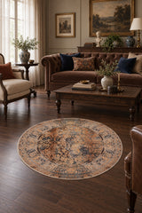 Distressed Vintage Round Rug – Brown in a living room