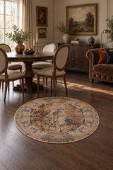 Distressed Vintage Round Rug – Brown in a dining room