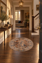 Distressed Vintage Round Rug – Brown in a hallway