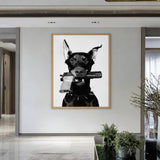 Doberman Modern Wall Art – Black and White Armed Dog Portrait