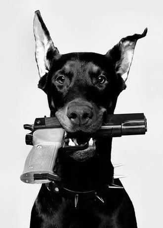 Doberman Modern Wall Art – Black and White Armed Dog Portrait