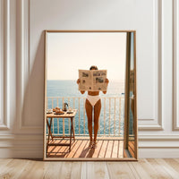 Dolce Vita Print – Woman Reading Newspaper on Balcony, Aesthetic Amalfi Coast Home Wall Print