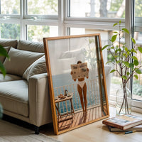 Dolce Vita Print – Woman Reading Newspaper on Balcony, Aesthetic Amalfi Coast Home Wall Print