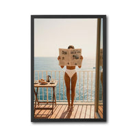 Dolce Vita Print – Woman Reading Newspaper on Balcony, Aesthetic Amalfi Coast Home Wall Print