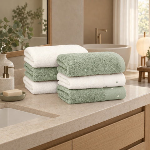 Dotted Cotton Guest Towel Set of 6 – Green & Ecru in a bathroom