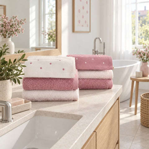 Dotted Cotton Guest Towel Set of 6 – Pink & Ecru in a bathroom