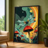 Dragonfly Mushroom Surreal Wall Art – Retro Botanical Fantasy Garden