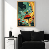 Dragonfly Mushroom Surreal Wall Art – Retro Botanical Fantasy Garden