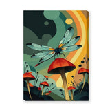 Dragonfly Mushroom Surreal Wall Art – Retro Botanical Fantasy Garden