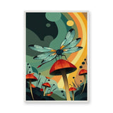 Dragonfly Mushroom Surreal Wall Art – Retro Botanical Fantasy Garden