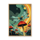 Dragonfly Mushroom Surreal Wall Art – Retro Botanical Fantasy Garden
