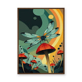 Dragonfly Mushroom Surreal Wall Art – Retro Botanical Fantasy Garden