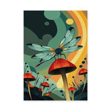 Dragonfly Mushroom Surreal Wall Art – Retro Botanical Fantasy Garden