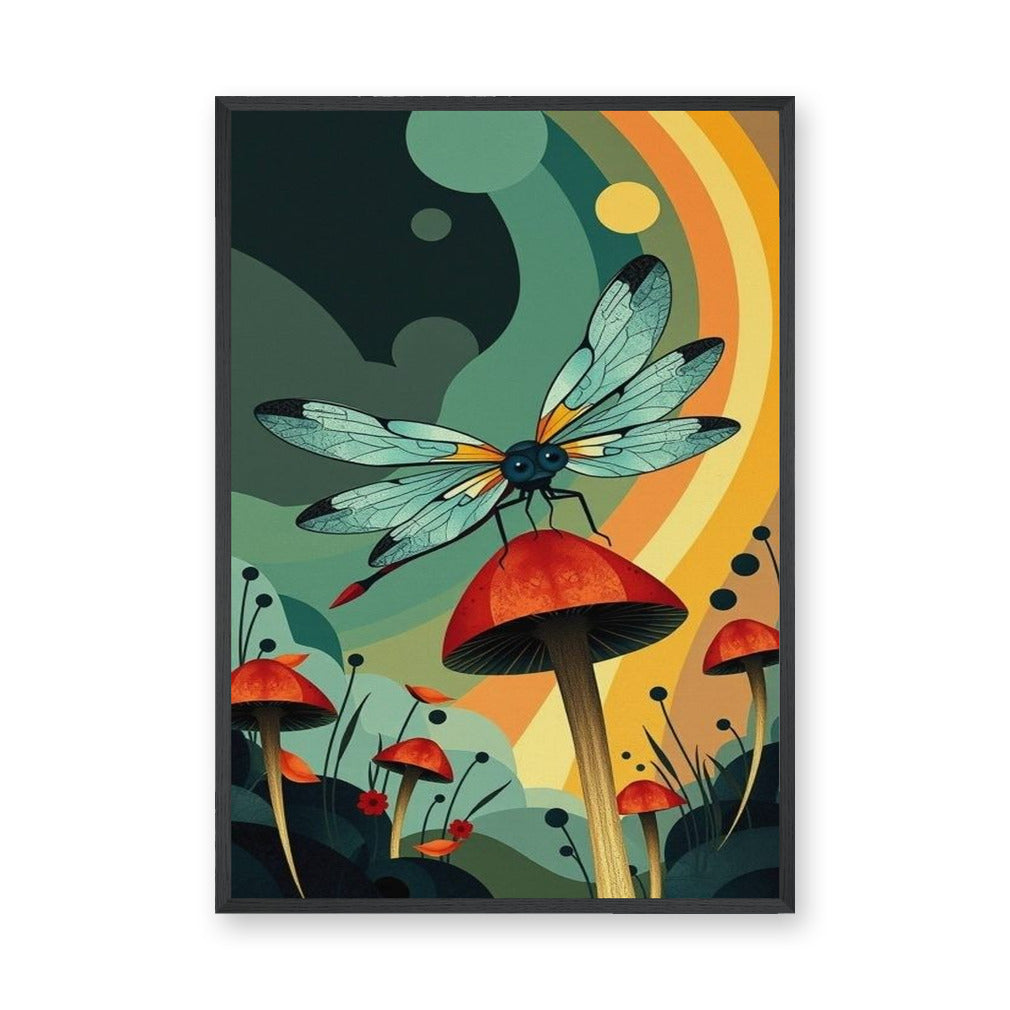 Dragonfly Mushroom Surreal Wall Art – Retro Botanical Fantasy Garden