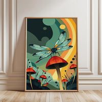Dragonfly on Mushroom Aesthetic Print, Nature Insect Wall Poster