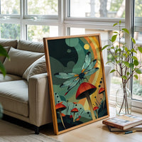 Dragonfly on Mushroom Aesthetic Print, Nature Insect Wall Poster