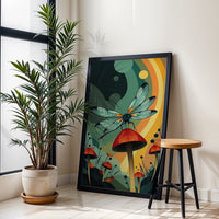 Dragonfly on Mushroom Aesthetic Print, Nature Insect Wall Poster