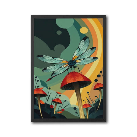 Dragonfly on Mushroom Aesthetic Print, Nature Insect Wall Poster