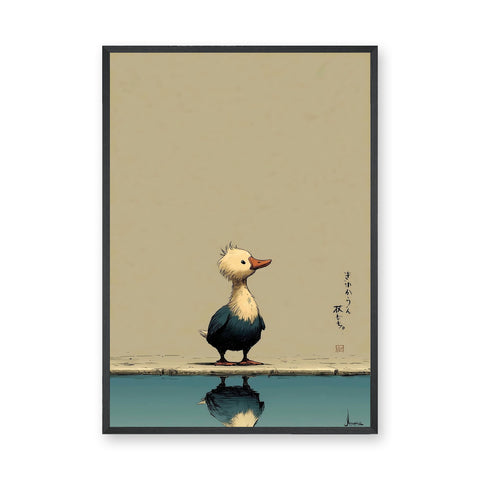 Duck Japandi Wall Art – Cute Reflection Print with Teal Water