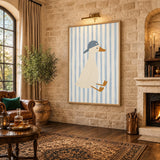 Duck Kids Wall Art – Cream Duck in Blue Cap on Pale Stripes