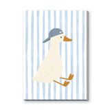 Duck Kids Wall Art – Cream Duck in Blue Cap on Pale Stripes
