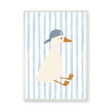 Duck Kids Wall Art – Cream Duck in Blue Cap on Pale Stripes