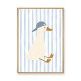 Duck Kids Wall Art – Cream Duck in Blue Cap on Pale Stripes