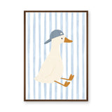 Duck Kids Wall Art – Cream Duck in Blue Cap on Pale Stripes
