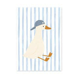Duck Kids Wall Art – Cream Duck in Blue Cap on Pale Stripes