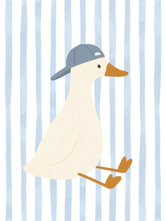 Duck Kids Wall Art – Cream Duck in Blue Cap on Pale Stripes