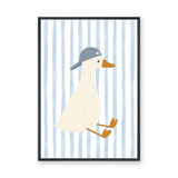 Duck Kids Wall Art – Cream Duck in Blue Cap on Pale Stripes