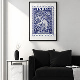 Elephant Vintage Wall Art – Blue India Postage Stamp Print