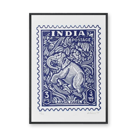 Elephant Vintage Wall Art – Blue India Postage Stamp Print