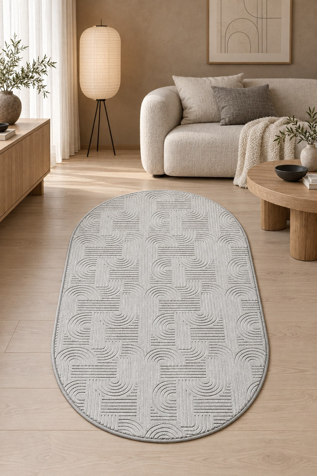 Emboss Boho Oval Rug in a living room