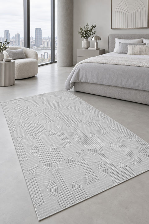 Embossed Modern Area Rug in a bedroom