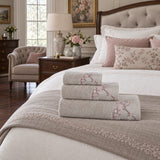 Embroidered Cotton Bath Towel Set of 3 – Beige in a bedroom
