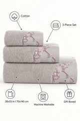 Embroidered Cotton Bath Towel Set of 3 – Beige – features