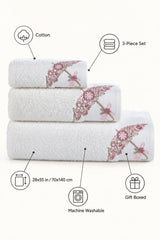 Embroidered Cotton Bath Towel Set of 3 – Cream – features