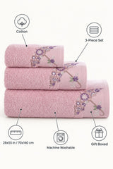 Embroidered Cotton Bath Towel Set of 3 – Pink – features