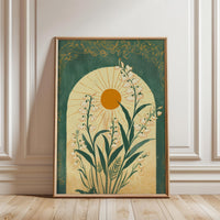 Emerald Green Sun and Lily of the Valley Botanical Folk Art Wall Poster – Mystical Taurus Zodiac Spiritual Wall Poster