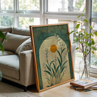 Emerald Green Sun and Lily of the Valley Botanical Folk Art Wall Poster – Mystical Taurus Zodiac Spiritual Wall Poster