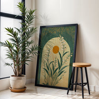 Emerald Green Sun and Lily of the Valley Botanical Folk Art Wall Poster – Mystical Taurus Zodiac Spiritual Wall Poster