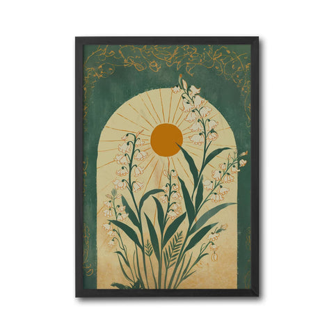 Emerald Green Sun and Lily of the Valley Botanical Folk Art Wall Poster – Mystical Taurus Zodiac Spiritual Wall Poster