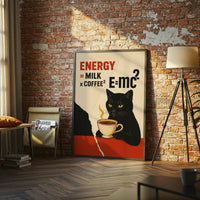Energy Coffee Cat Quote Nostalgic Décor Poster | Funny E=mc² Coffee Wall Poster
