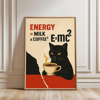 Energy Coffee Cat Quote Nostalgic Décor Poster | Funny E=mc² Coffee Wall Poster