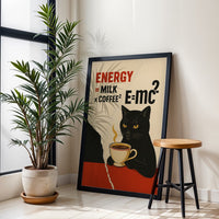 Energy Coffee Cat Quote Nostalgic Décor Poster | Funny E=mc² Coffee Wall Poster