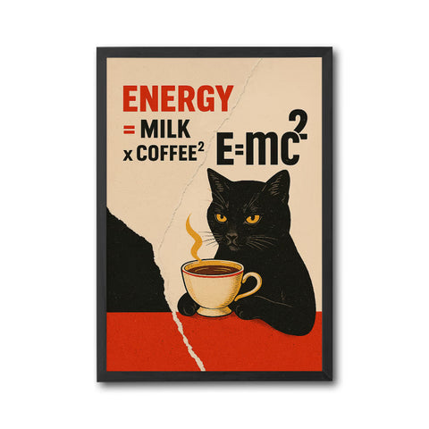 Energy Coffee Cat Quote Nostalgic Décor Poster | Funny E=mc² Coffee Wall Poster
