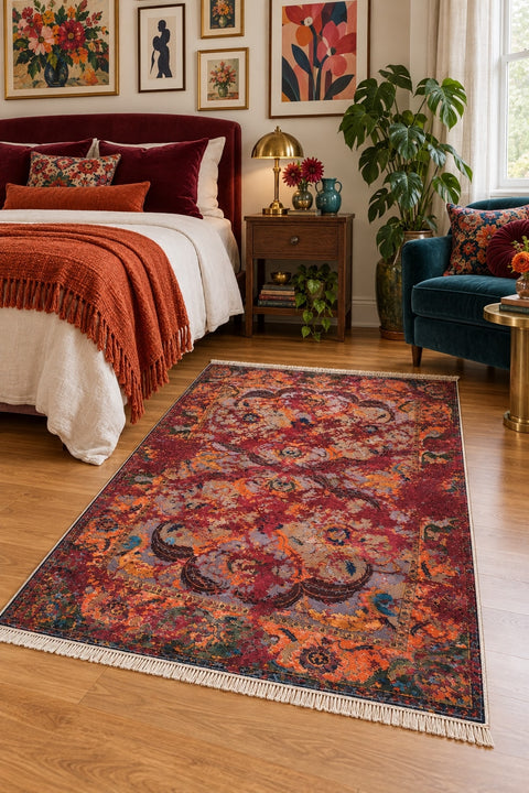 Ethnic Printed Area Rug in a bedroom