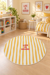 Striped Modern Round Kids Rug – Yellow in a nursery