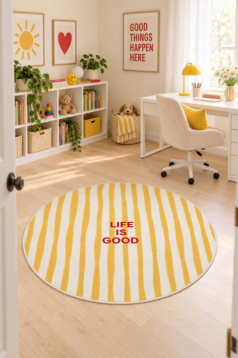 Ethnic Retro Round Area Rug – Yellow in a office